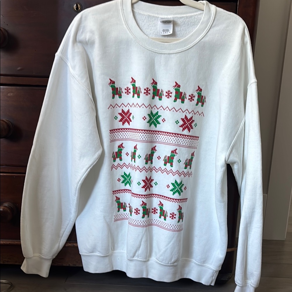Gildan White Crewneck Sweater with Red and Green Pattern
